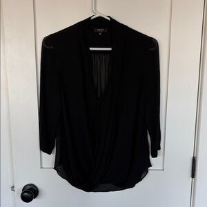 Babaton Black Draped Sheer-Sleeve Wrap Blouse
